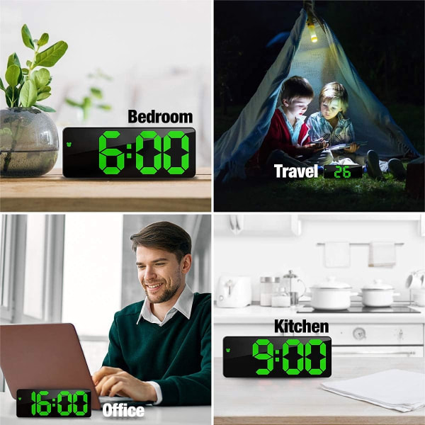 6,7\" LED Digital Spegelklocka Sängbordslarm Klocka Morgon, Röstaktiverad/Icke Tickande/Snooze/Temperatur/Datum Tid Justerbar Ljusstyrka, Grön