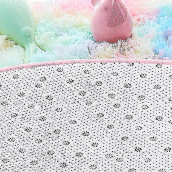 Rund Sovrumsmatta för Flickor Regnbåge Barnrumsmattor, Cirkelformad Rosa Fluffig Matta