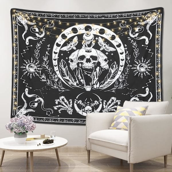 Kranium Skelet Vægophæng Sort og Hvid Slange Møl Gobelin Mandala Gobelin Måne Vægophæng Møl, L / 150x200cm