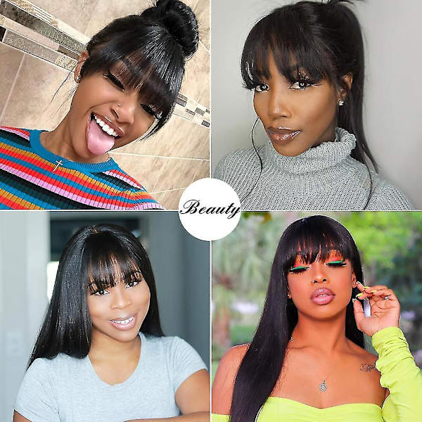 Silky Brazilian Virgin Straight Human Hair Wigs With Bangs 130% Density None Lace Front Wigs Glueless Machine Made Wigs For Black Women Natural Color