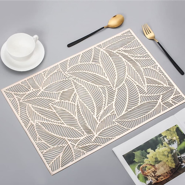 4-pack rektangulära dekorativa bladformade placemats i PVC, ihåliga placemats för matbord Gold