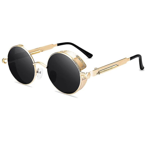 Steampunk Cyberpunk Runda Solglasögon Vintage Retro Cirkelsolglasögon för Vuxna Gold Frame Grey Lenses