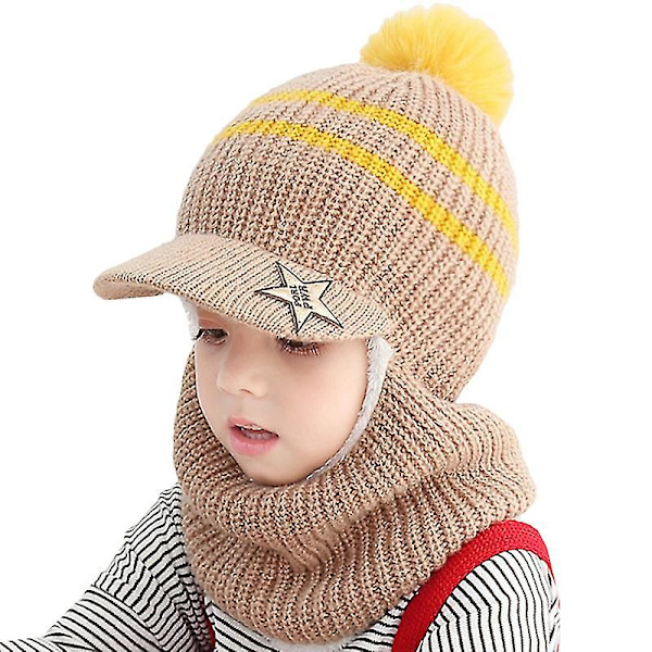 Varmare Barn Stickad Mössa Pojke Flicka Fleece Fodrad Halsvärmare Balaclava Kulle Hat Khaki