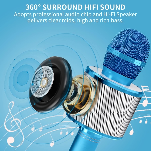 Mikrofon för barn, trådlös Bluetooth-karaokemikrofon för vuxna, bärbar karaokemaskin, födelsedagspresent till pojkar och flickor blå