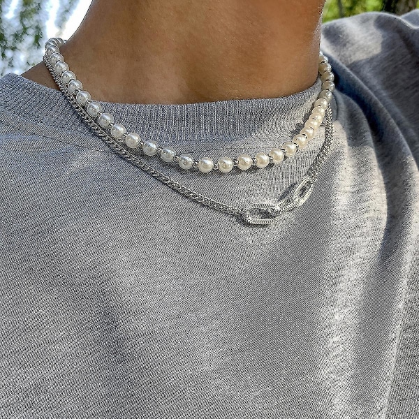 Hip Hop Retro Imitation Pearl Halskæde til Mænd, Hvid K Sæt 2564 Silver