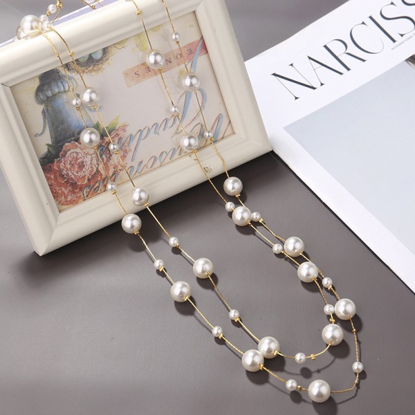 New long version double card white pearl sweater chain necklace for women simple and fashionable