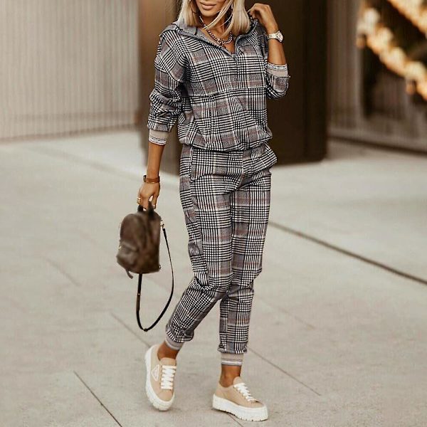 Träningsset Dam Huvtröja Tvådelad Set Vår Höst Kläder Bokstavstryck Colorblock T-shirt Topp Långa Byxor Set Outfits Mujer 2 M