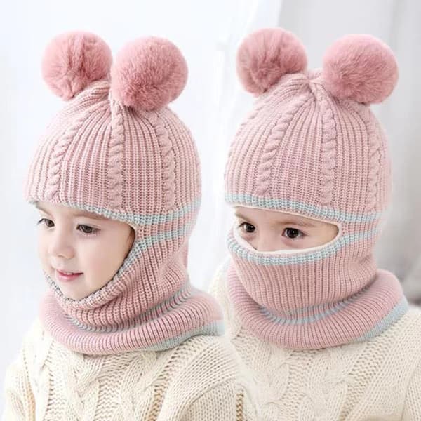 Höst Vinter Baby Thicken Stickad Ullmössa Plysch Flicka Ansikte Öronskydd Halsduk Svart+Rosa