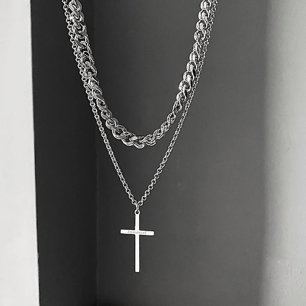 Flerskiktat korshalsband, silver rostfritt stål herr kors halsband kors kedja flerskiktat repkedja kors halsband