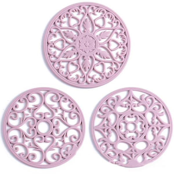 3 sæt silikone multi-use udskårne grydeunderlag, skridsikre underlag pink