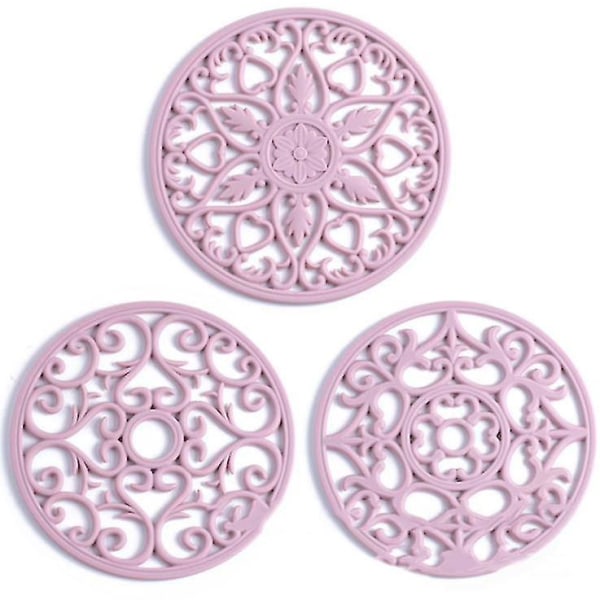 3 Set Silikon Multi-användning Carved Trivet Mat, Non Slip Coasters pink