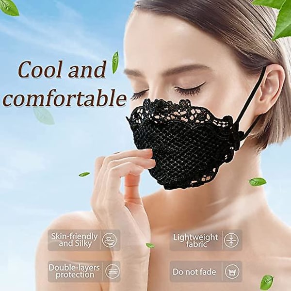 2st Svart Spets-maskerad-mask För Kvinnor - Mode Ansiktssjal Mun Tyg Återanvändbar Tvättbar trasa