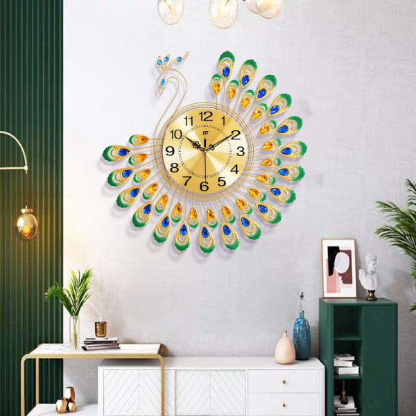 Stor guld-diamant 3D påfågel väggklocka för heminredning eller vardagsrum heminredning, DIY hantverk dekorativ klocka