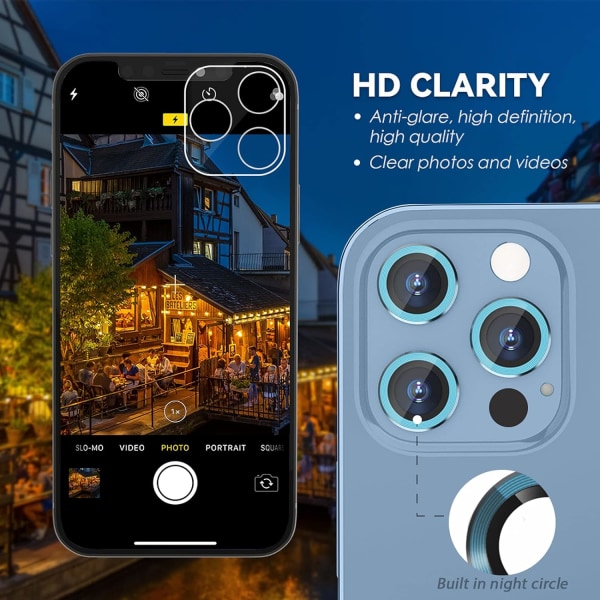 Takakameran suojus Alppinen sininen Yhteensopiva iPhone 13 Pron ja iPhone 13 Pro Maxin kanssa, [Alumiiniseos], Täysi peitto & 9H Kovuus Kameran linssin suoja