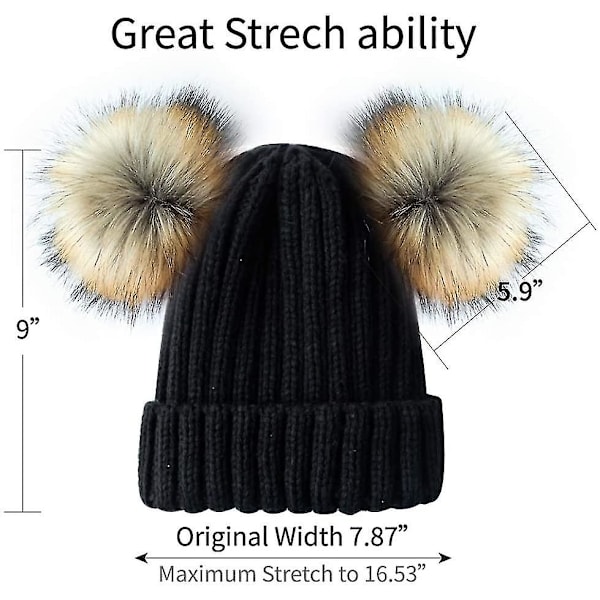 Dame Vinter Dobbelt Pom Pom Hue Fleeceforet Bobble Hat Strikket Faux Fur Pom