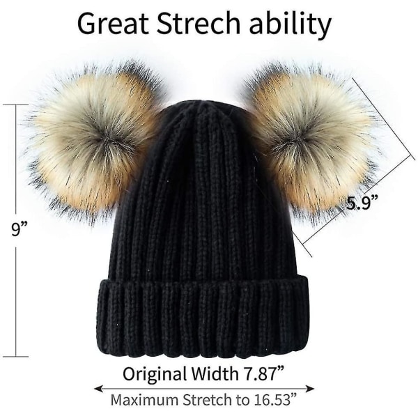 Womens Vinter Dobbel Pom Pom Lue Fleece Foret Bobble Hat Strikket Faux Fur Pom