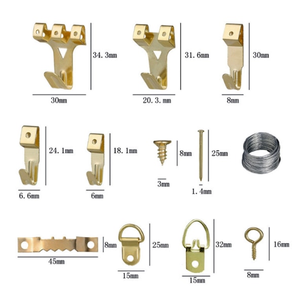 203 hienoa kultaista taulun kehyksen ripustuslukkoa, kehyksen ripustussarja, taulun kehyksen ripustustyökalu, raskaat ripustusvarusteet