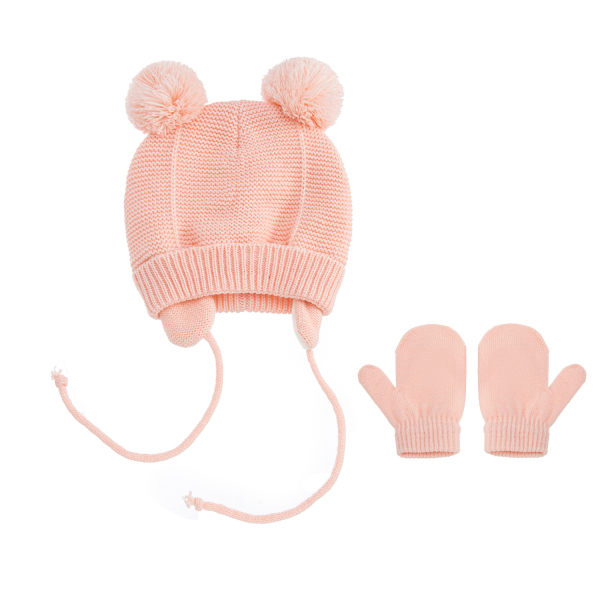 2 pcs children's knitted hats + gloves solid colour winter warm hat pink