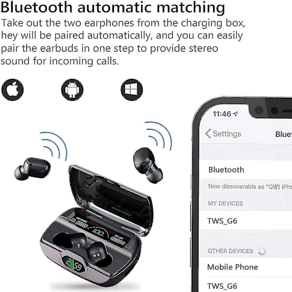 Bluetooth-hörlurar med mikrofon, trådlösa öronsnäckor, vattentäta stereo-hörlurar, LED-display, trådlösa öronsnäckor
