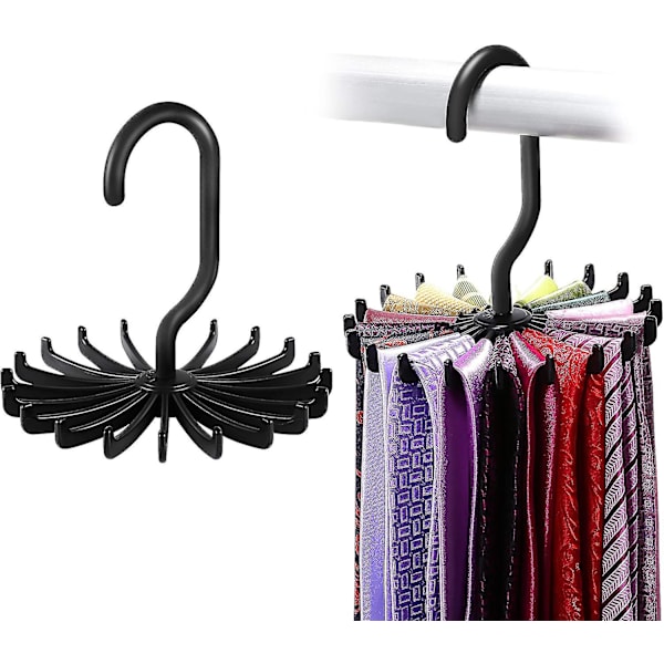 2 stk. Twirl Tie Rack, roterende belte- og skjerfhengerholderkrok for skaplagring Black