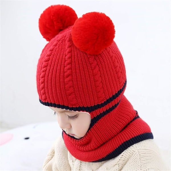 Baby Girls Boys Winter Warm Scarf Shawl Hat Knit Cute Face Cover Balaclava，Red