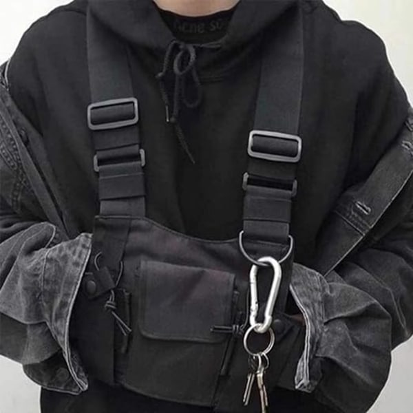 Svart axelväska bröstväska hiphop streetwear herr funktionell väska justerbar ficka väst