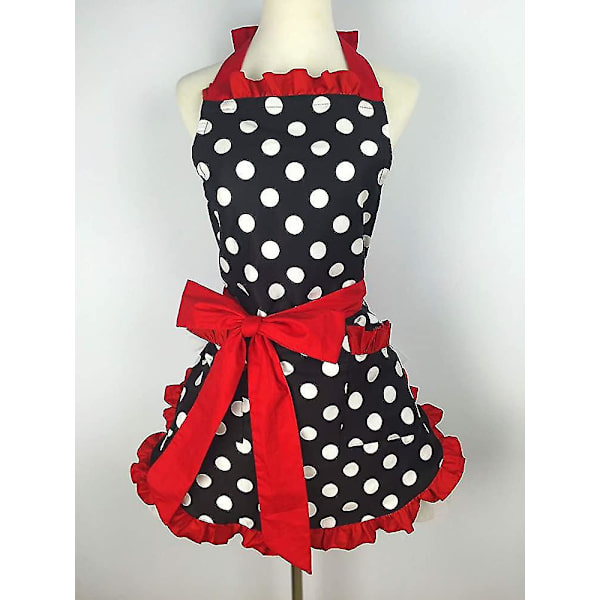 Söt förkläde Retro Svart Polka Dot Retro Volang Sida Vintage Matlagning Förkläden