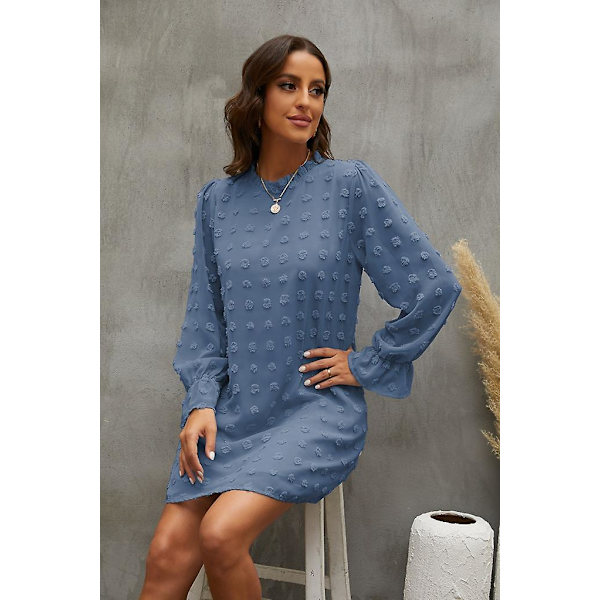 Bubbla Chiffon Jacquard Bottenklänning med Lång Ärm Dark Blue XXL