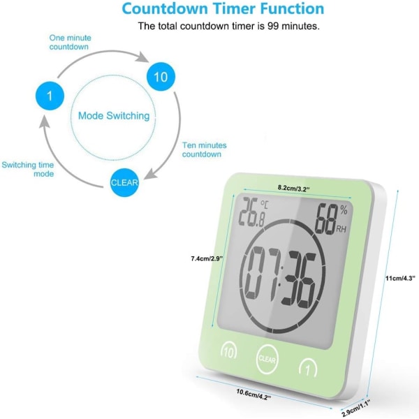Kylpyhuoneen kello, vedenpitävä kosketusohjaussuihkukello, LCD-digitaalinen herätyskello, hygrometrit, lämpömittari, ajastin, vihreä