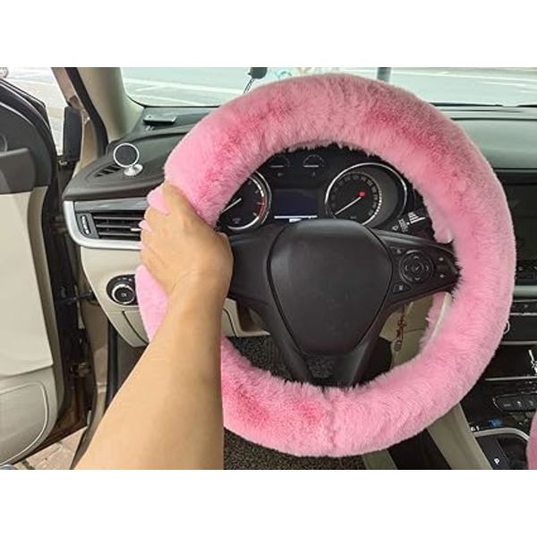 Tjock konstgjord päls vinter varm och fluffig bilrattskydd+växelspakskydd+handbromsskydd-3 delar/set rosa