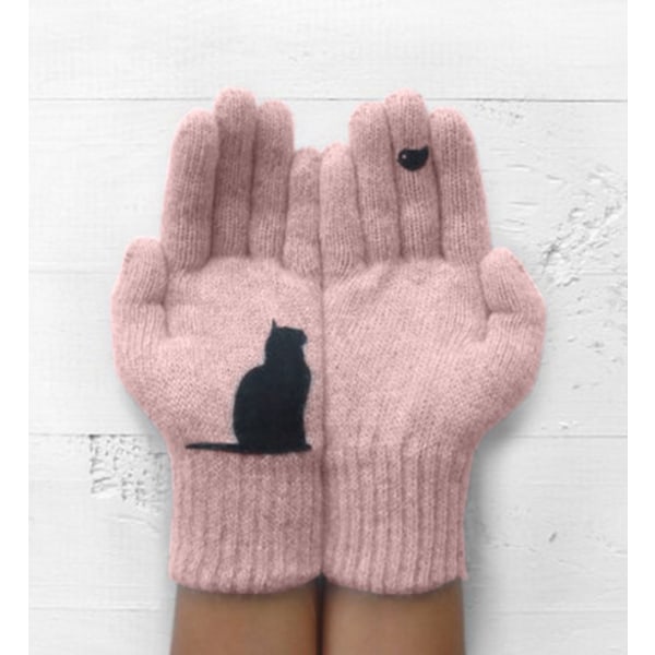 2 par älskare höst och vinter utomhus varm- och kalltålig katt printed ullstickhandskar Rosa
