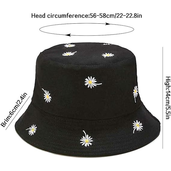 Vändbar hatt Bucket Hat Fiske solhatt för kvinnor flickor，Daisy Black