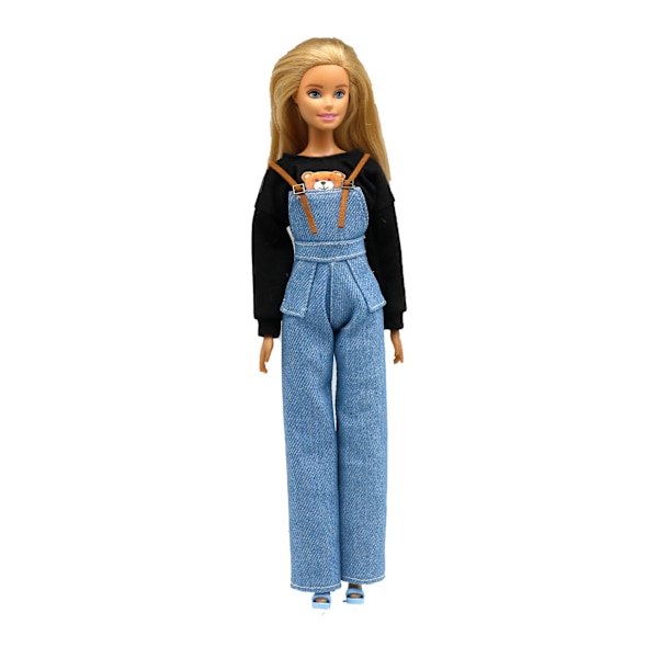 Set med babydocka klänning, denimryggsäck, byxor och sweatshirt set