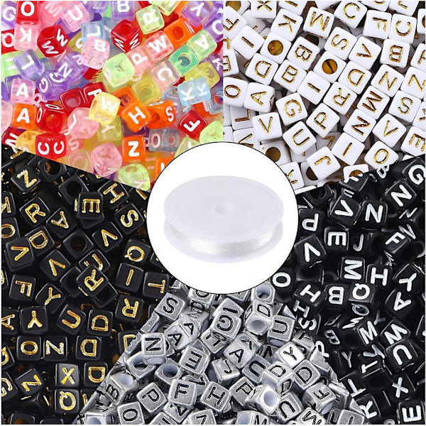 1400 stk. 5 farver akryl alfabet terningperler bogstavperler med 1 rulle 50m krystal snor til smykkefremstilling 6mm B