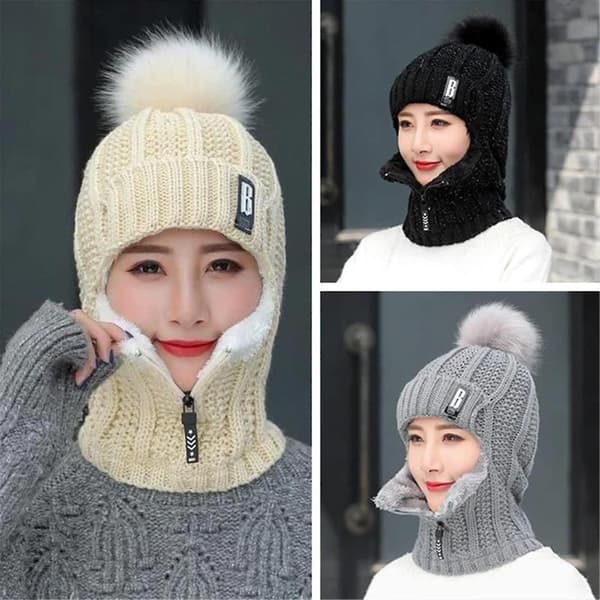 Vinter Siamese Vindtät Mössa, Stickad Ullmössa, Dam Ull Stickade Skidset, Tjock Siamese Halsduk Krage Varm Mössa, Beige Beige