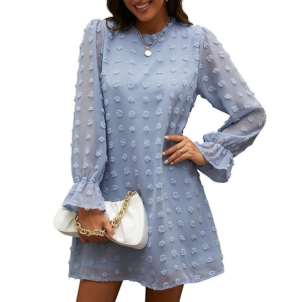 Bubbla Chiffon Jacquard Bottenklänning med Lång Ärm Light Blue M