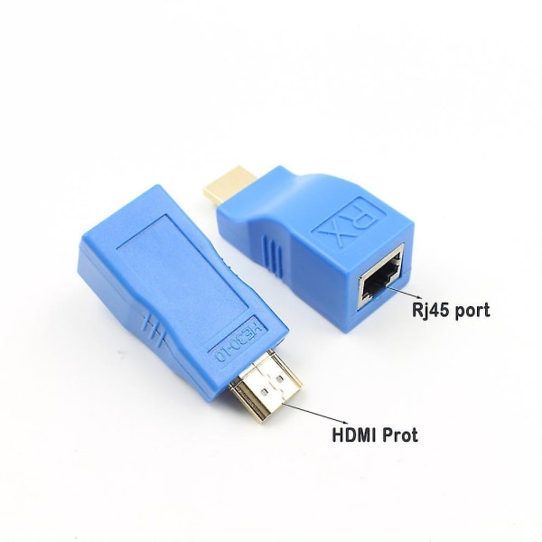 2 stk 1080p HDMI-forlenger til RJ45 over Cat 5e/6 nettverks-LAN-Ethernet-adapter blå