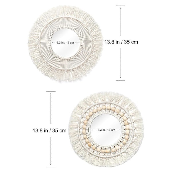 Hängande Väggspegel - Boho Macrame Frans Rund Dekorativ Spegel, Konstprydnad för Lägenhet Hem Sovrum Vardagsrum