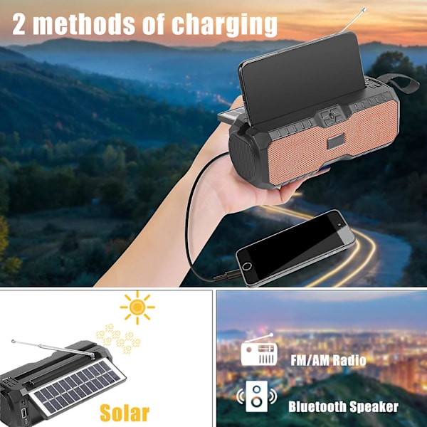 Bærbar trådløs høyttaler, solradio, bærbar Bluetooth-høyttaler, med sollading, nødradio, telefonlader