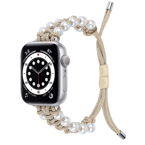 Pearl Nylon stropp kompatibel med Apple Watch stropp 40 mm 38 mm for kvinner jenter, justerbar perle smykker vev nylon Apricot