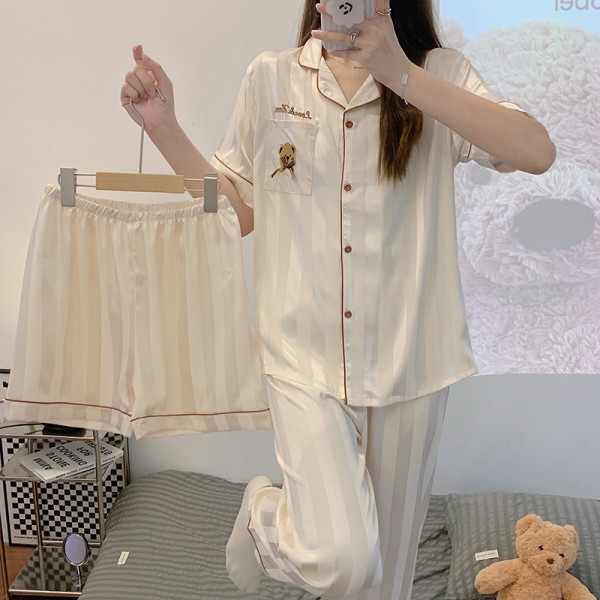 Storlek L Dam mjuk is silke kortärmad pyjamas tredelad set