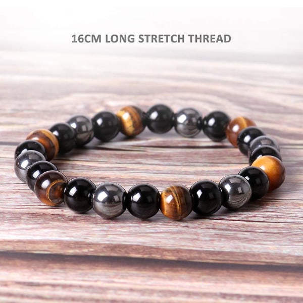 Perler Armbånd Triple Beskyttelse, 2 Pak 8 Mm Tigers Eye Armbånd Hematit Perler & Sort Obsidian Balance Armbånd