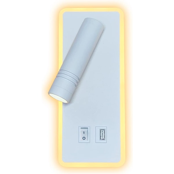 LED-vägglampa, 9W, läslampa vid sängkanten med USB laddningsport 6W 3000K varmvit + 3W 6500K vit rektangel vit
