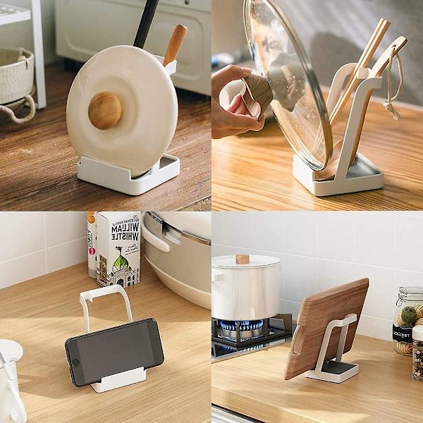 Gryde- og skeholder i stål - Multifunktionel bakke til grydelåg, kogegrej, spatel, skærebræt, tablet og opskrifter White