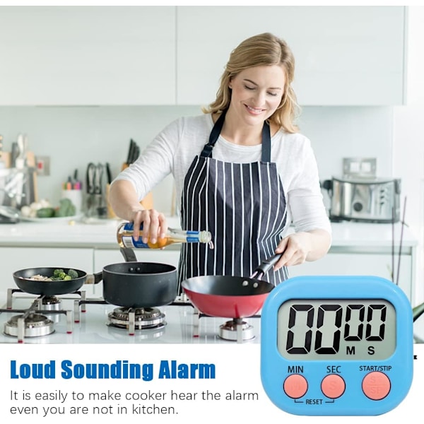Magnetisk køkkentimer med stort LCD-display (blå), timere til madlavning, studier, høj alarm og nedtælling