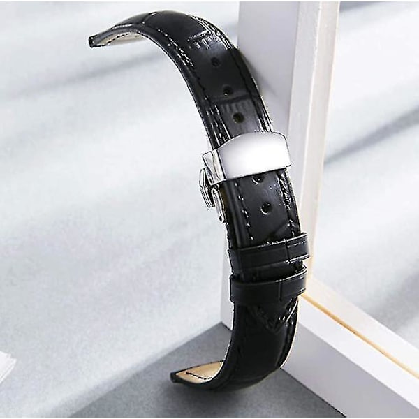Läderklockarmband Ersättning Alligator Rem För Män Kvinnor Med Silver Fjärils Deployment Spänne 23mm Black