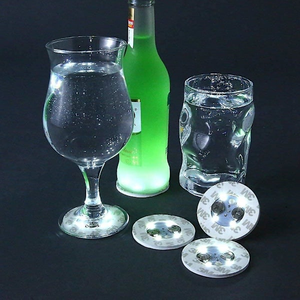 18 stk. LED-coaster, lysende coaster, LED-flaske-lys, LED-klistermærke-coaster-diske, lyser op