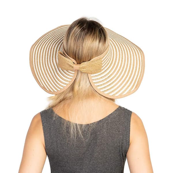 Strandhatte til kvinder, sammenklappelige, bredskyggede, sommerhatte med sløjfe Striped Khaki