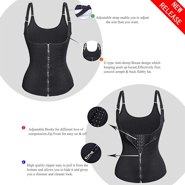 Kvindernes Brystkorset Taljetræner, Body Contouring Vest Rem Med Justerbare Skulderstropper Sort 4XL