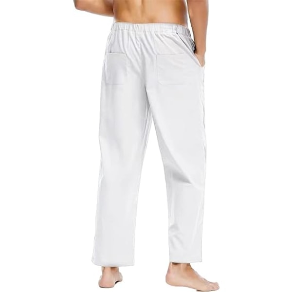 Männs Casual Linnebyxor med Elastisk Snodd i Midjan, Sommarstrand Yoga Långa Byxor med Fickor